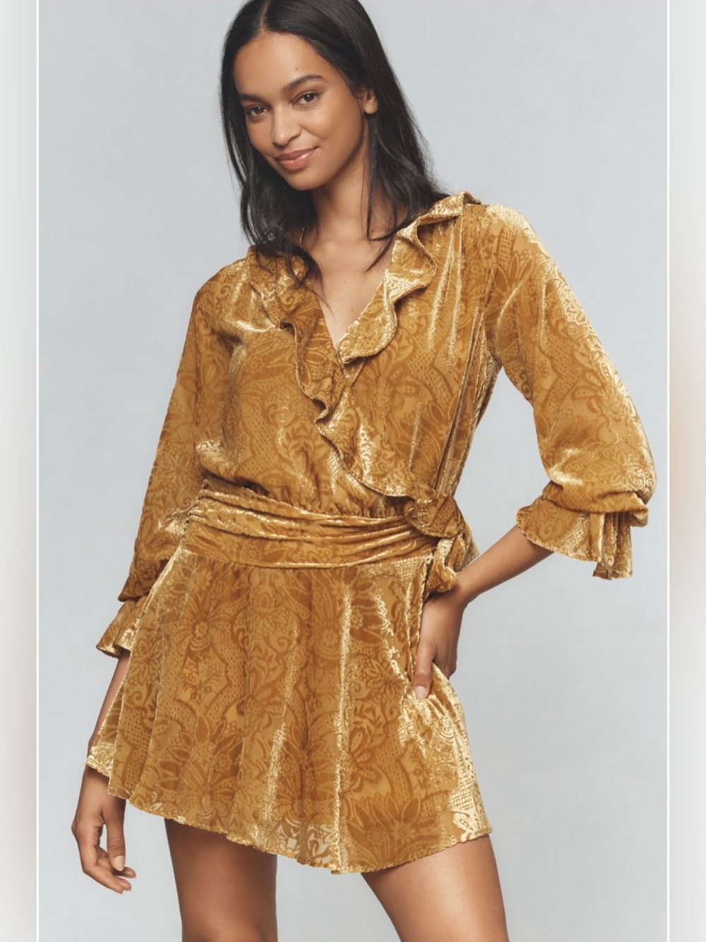 Anthropologie V-Neck Velvet Mini Dress Faux Wrap Textured Floral Yellow Gold 6